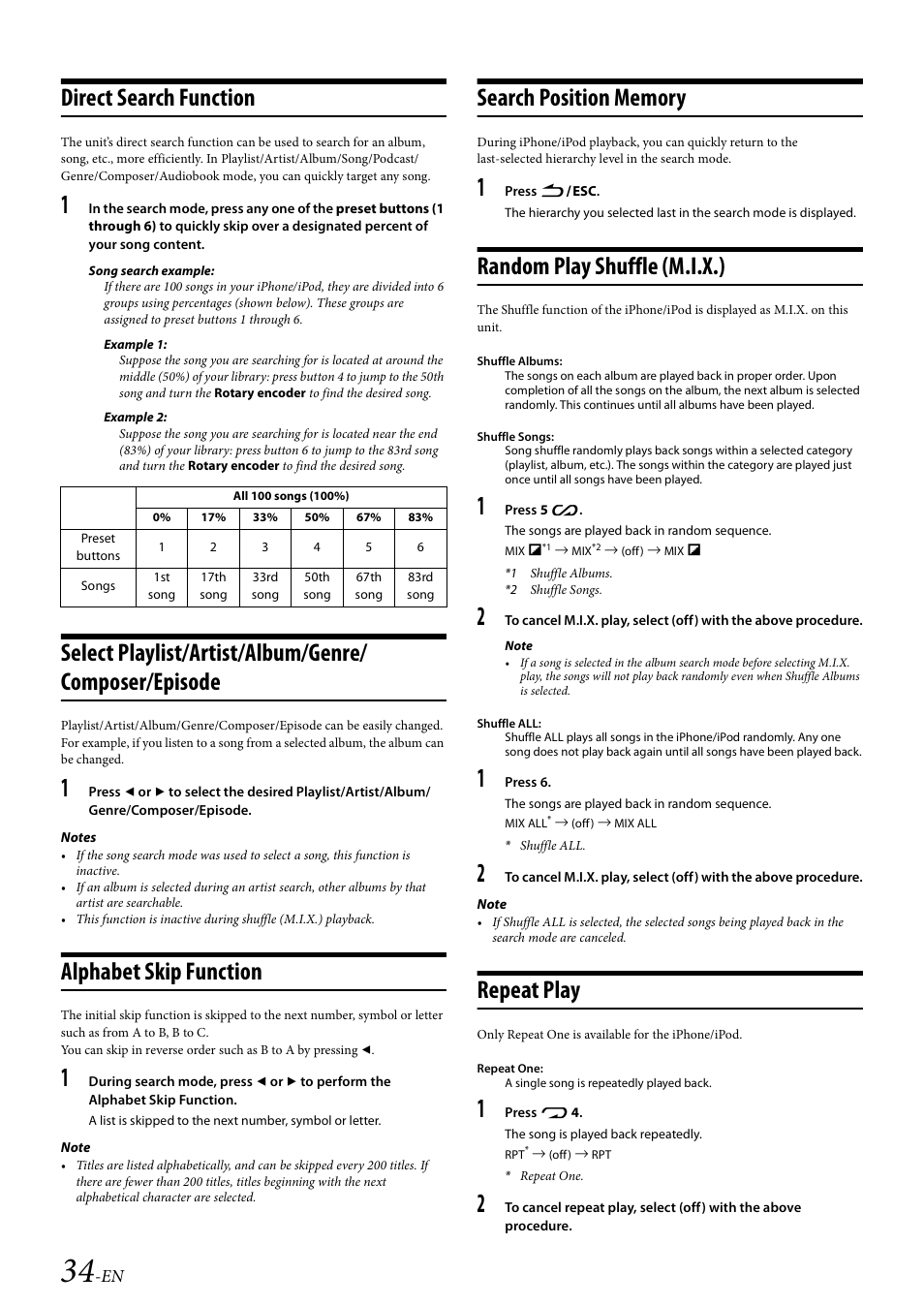 Direct search function, Alphabet skip function, Search position memory | Random play shuffle (m.i.x.), Repeat play | Alpine 68-14470Z51-A User Manual | Page 36 / 56