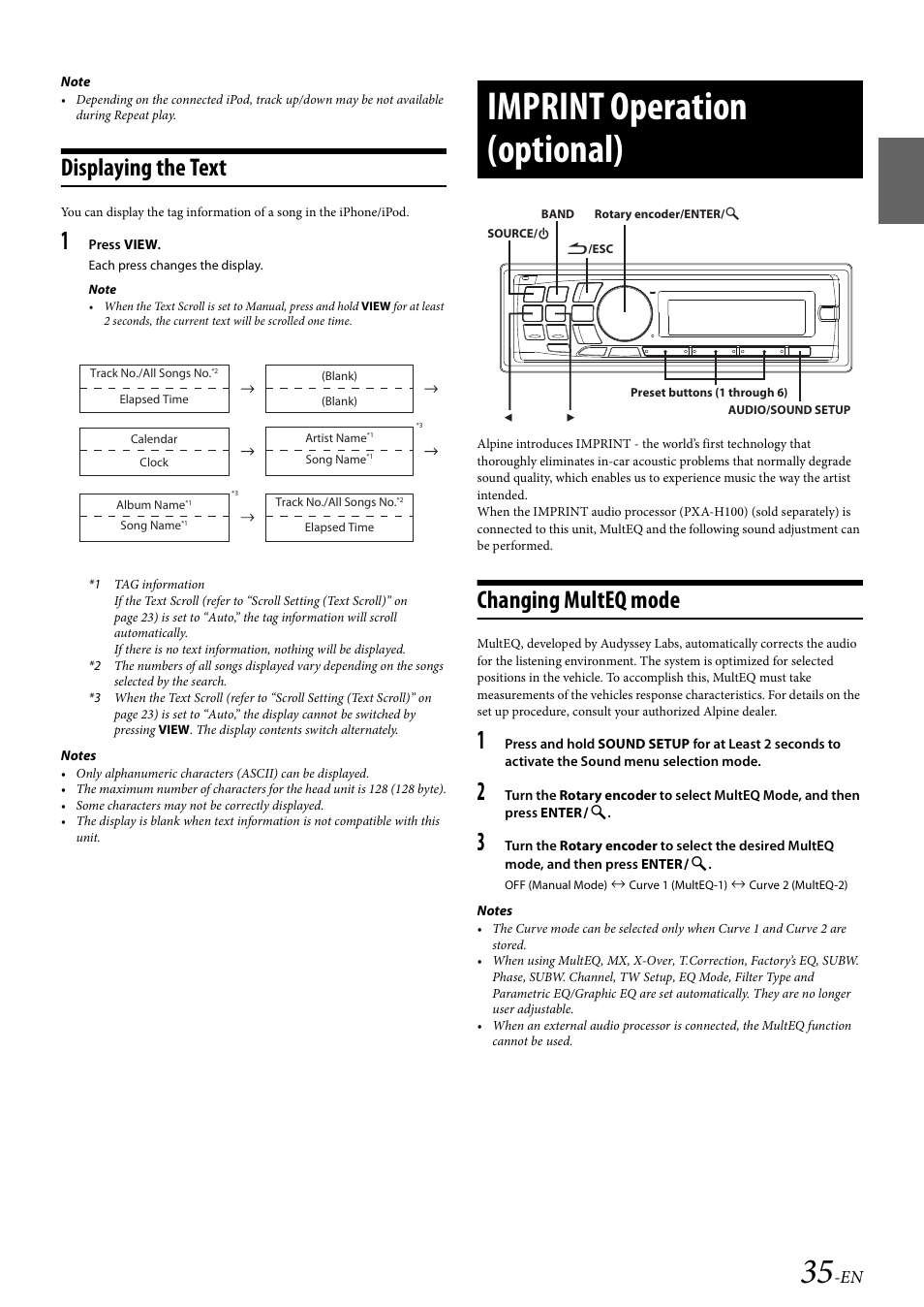 Displaying the text, Imprint operation (optional), Changing multeq mode | Alpine 68-14470Z51-A User Manual | Page 37 / 56