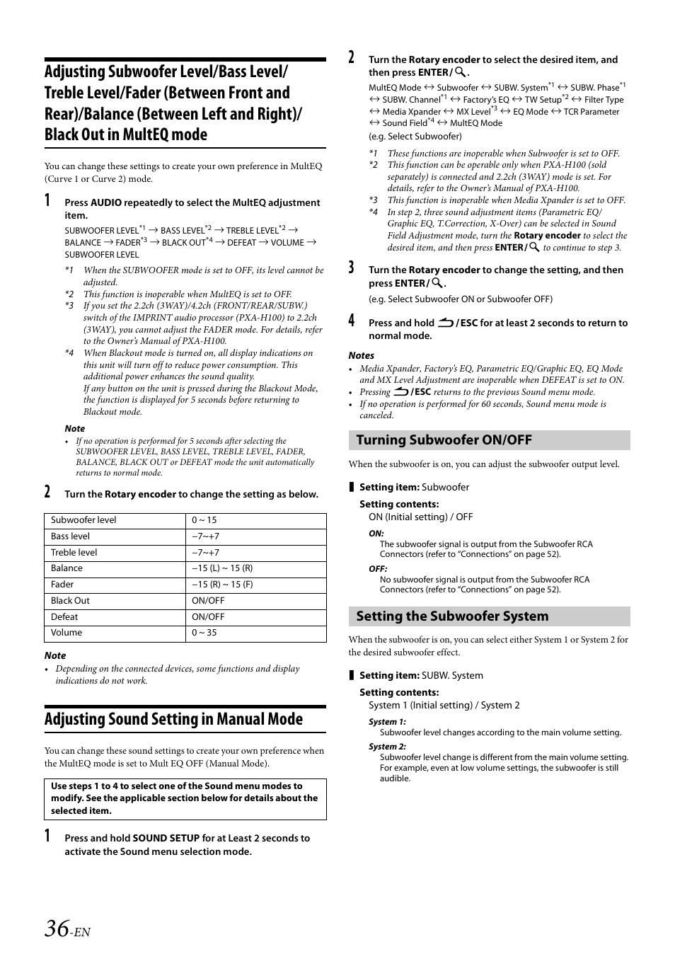 Adjusting sound setting in manual mode, Turning subwoofer on/off, Setting the subwoofer system | Alpine 68-14470Z51-A User Manual | Page 38 / 56