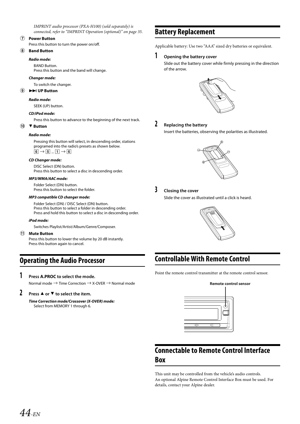 Operating the audio processor, Battery replacement, Controllable with remote control | Connectable to remote control interface box | Alpine 68-14470Z51-A User Manual | Page 46 / 56