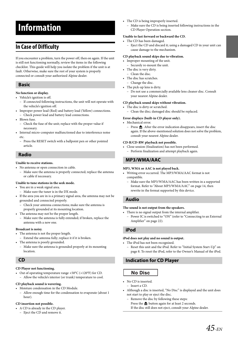 Information, In case of difficulty, Basic | Radio, Mp3/wma/aac, Audio, Ipod, Indication for cd player | Alpine 68-14470Z51-A User Manual | Page 47 / 56