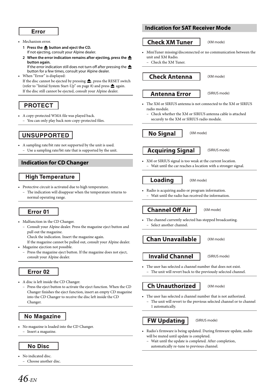 Indication for cd changer, Indication for sat receiver mode, Loading | Alpine 68-14470Z51-A User Manual | Page 48 / 56