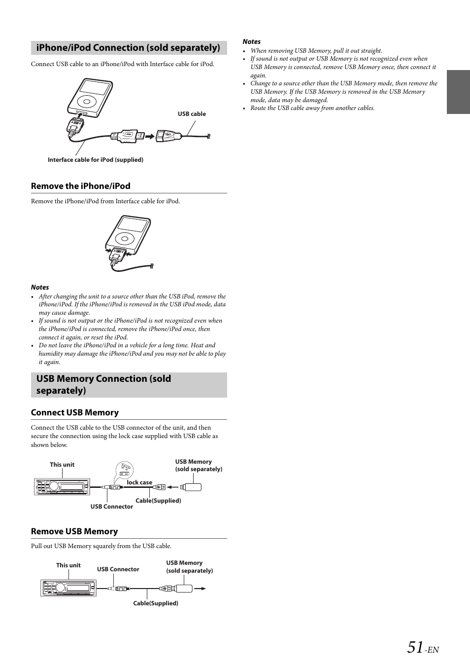 Iphone/ipod connection (sold separately), Remove the iphone/ipod, Usb memory connection (sold separately) | Connect usb memory, Remove usb memory, Connect usb memory remove usb memory | Alpine 68-14470Z51-A User Manual | Page 53 / 56