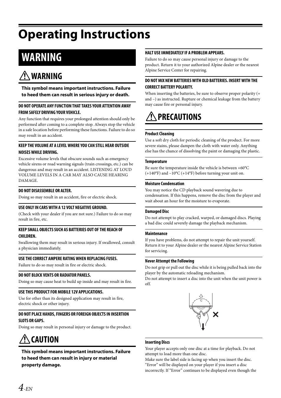 Operating instructions, Warning, Caution | Precautions | Alpine 68-14470Z51-A User Manual | Page 6 / 56