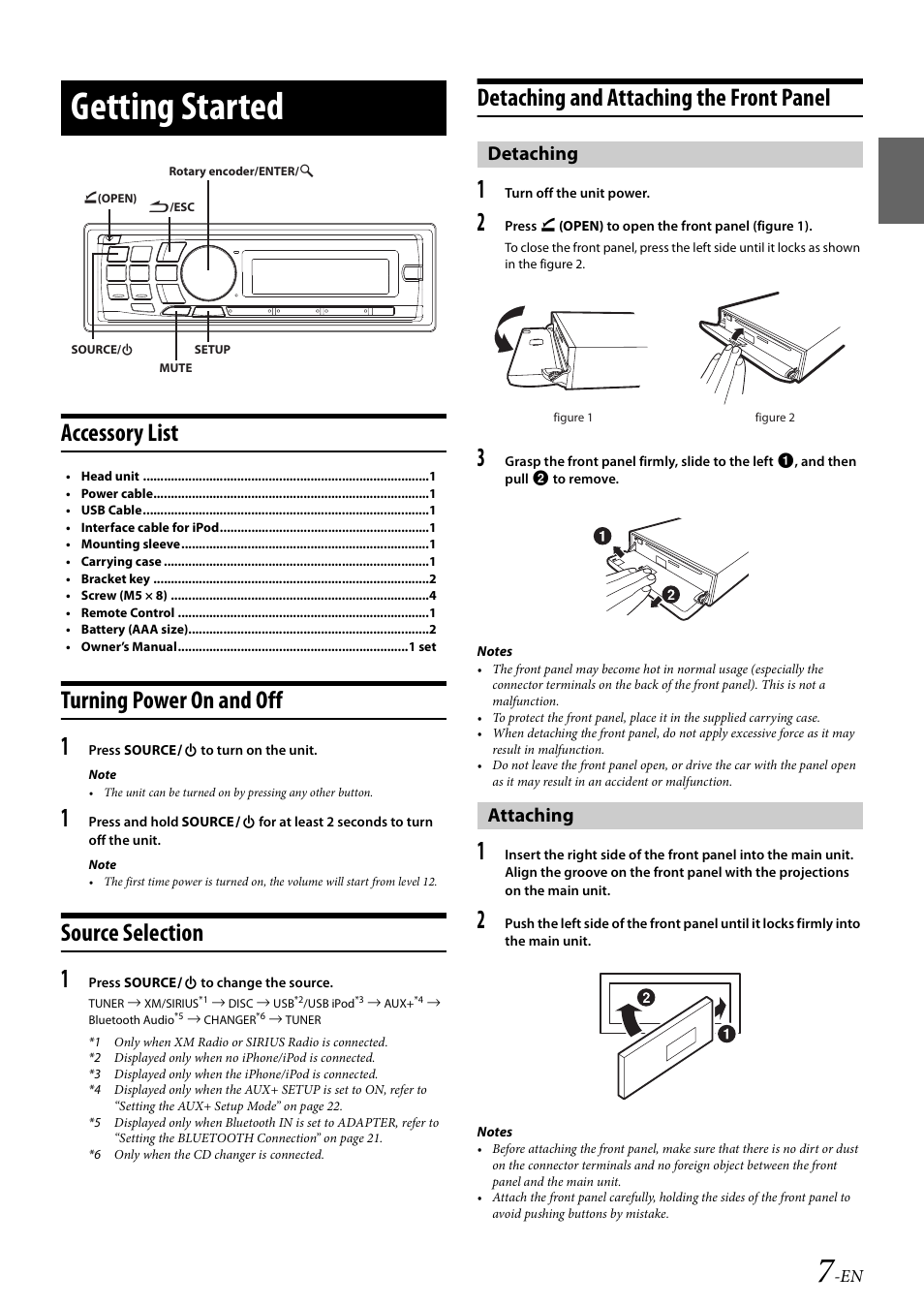 Getting started, Accessory list, Turning power on and off | Source selection, Detaching and attaching the front panel, Detaching, Attaching, Detaching attaching | Alpine 68-14470Z51-A User Manual | Page 9 / 56