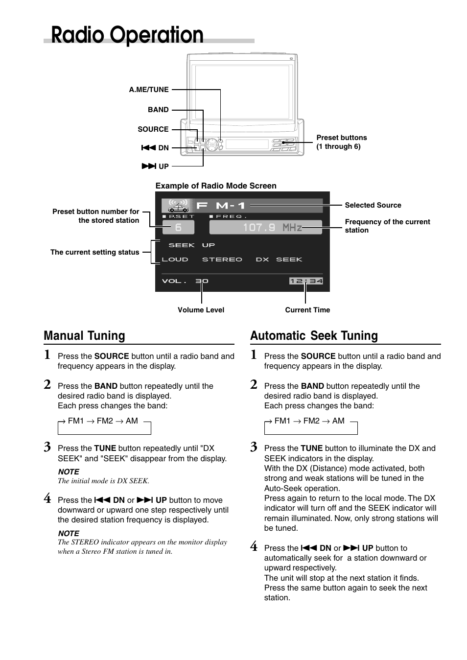 Radio operation, Manual tuning, Automatic seek tuning | Alpine CVA-1003 User Manual | Page 12 / 56