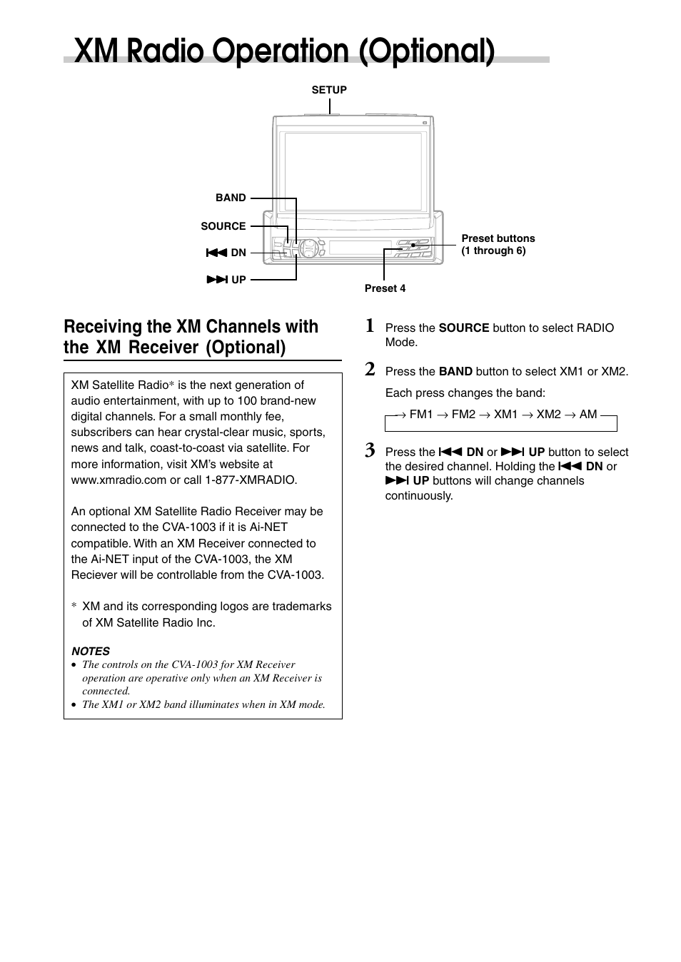 Xm radio operation (optional) | Alpine CVA-1003 User Manual | Page 14 / 56