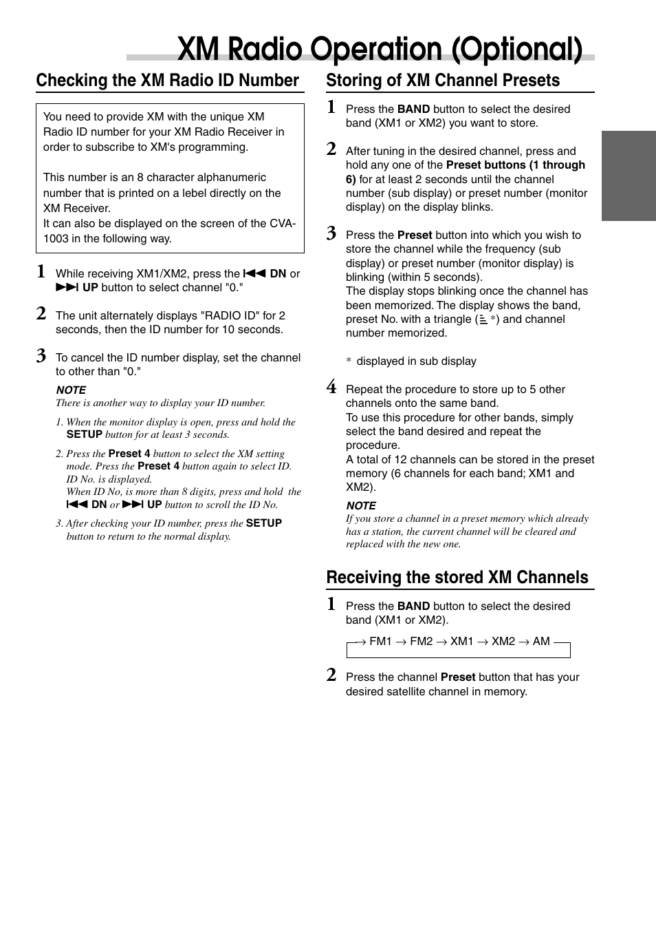 Xm radio operation (optional), Storing of xm channel presets, Receiving the stored xm channels | Checking the xm radio id number | Alpine CVA-1003 User Manual | Page 15 / 56