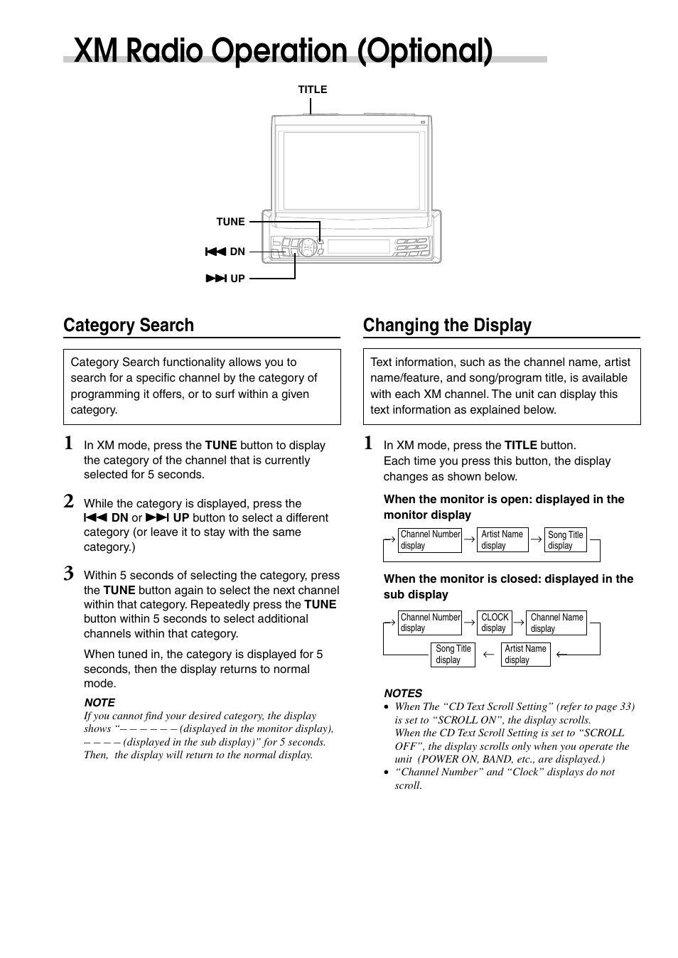 Xm radio operation (optional), Changing the display, Category search | Alpine CVA-1003 User Manual | Page 16 / 56