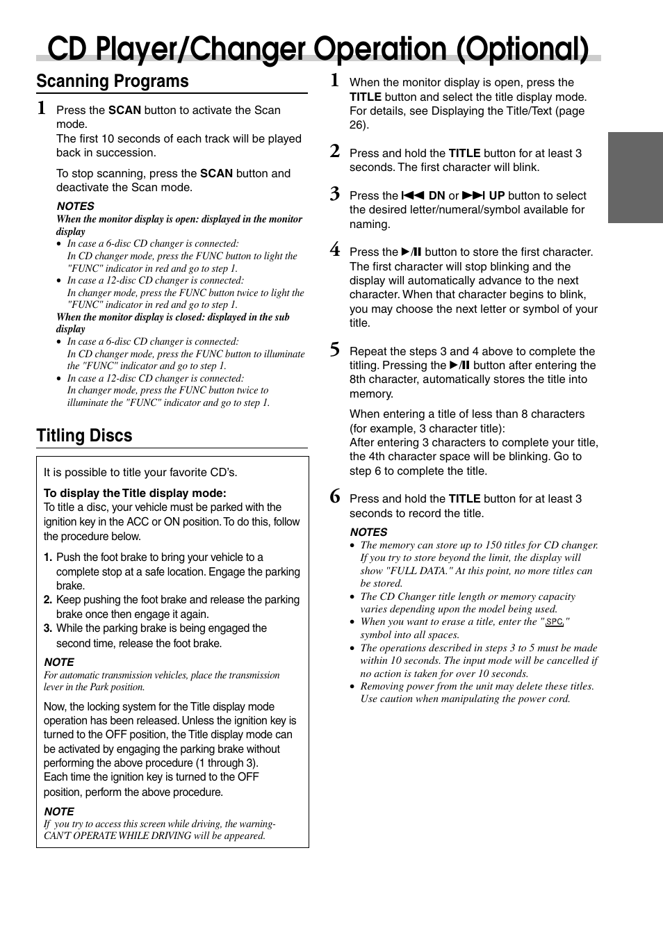 Cd player/changer operation (optional), Scanning programs, Titling discs | Alpine CVA-1003 User Manual | Page 19 / 56