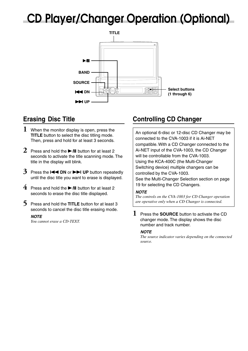 Cd player/changer operation (optional), Erasing disc title, Controlling cd changer | Alpine CVA-1003 User Manual | Page 20 / 56