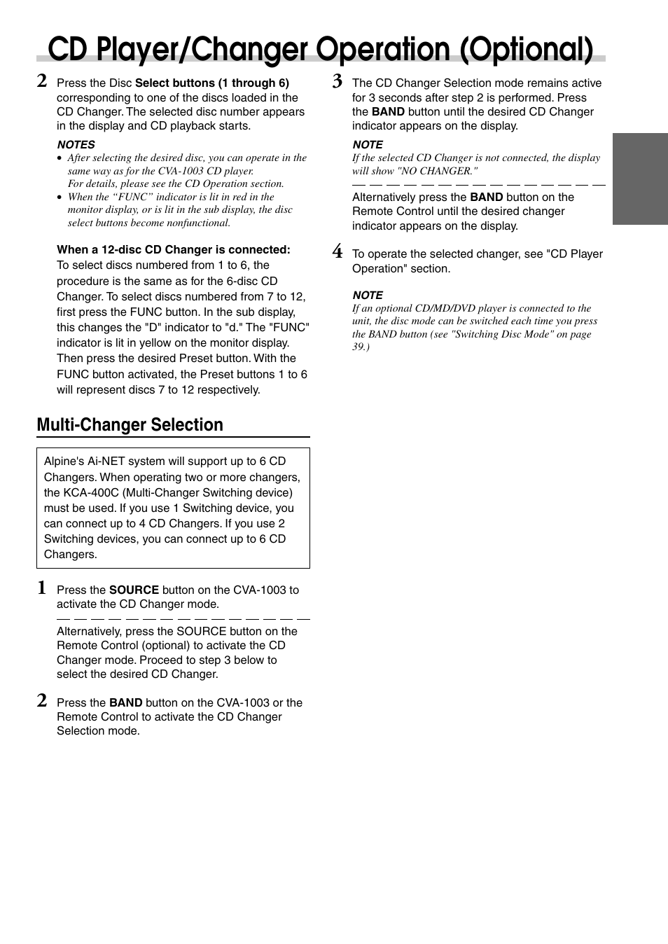 Cd player/changer operation (optional), Multi-changer selection | Alpine CVA-1003 User Manual | Page 21 / 56