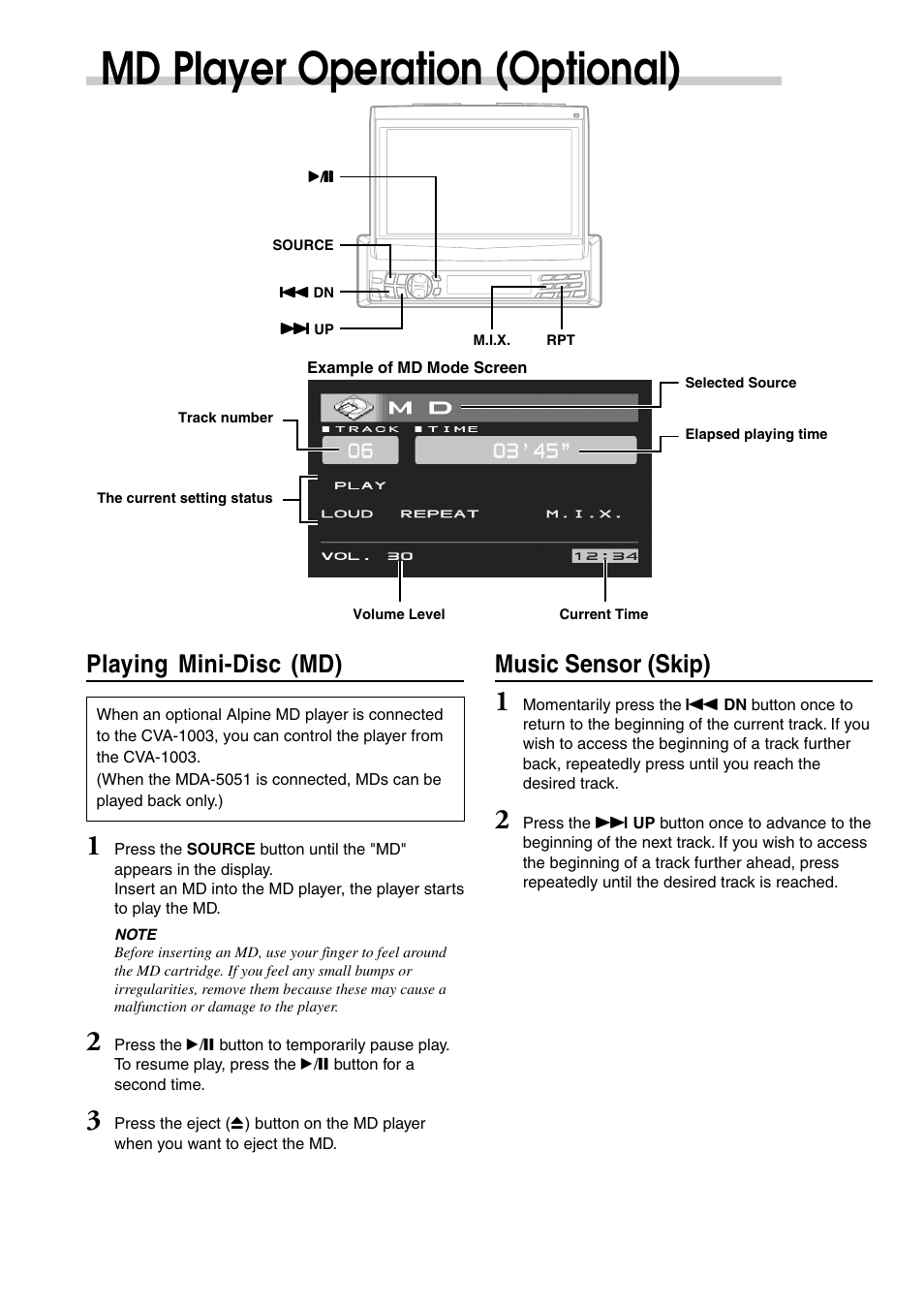 Md player operation (optional), Playing mini-disc (md), Music sensor (skip) | Alpine CVA-1003 User Manual | Page 22 / 56