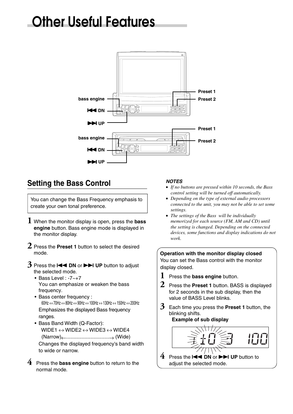 Other useful features, Setting the bass control | Alpine CVA-1003 User Manual | Page 30 / 56