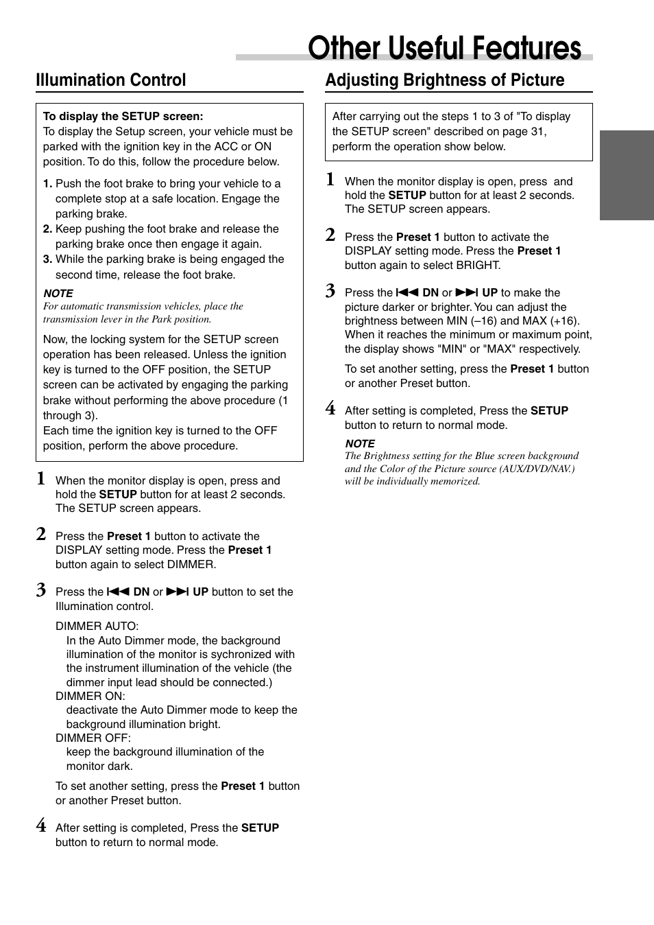 Other useful features, Illumination control, Adjusting brightness of picture | Alpine CVA-1003 User Manual | Page 33 / 56