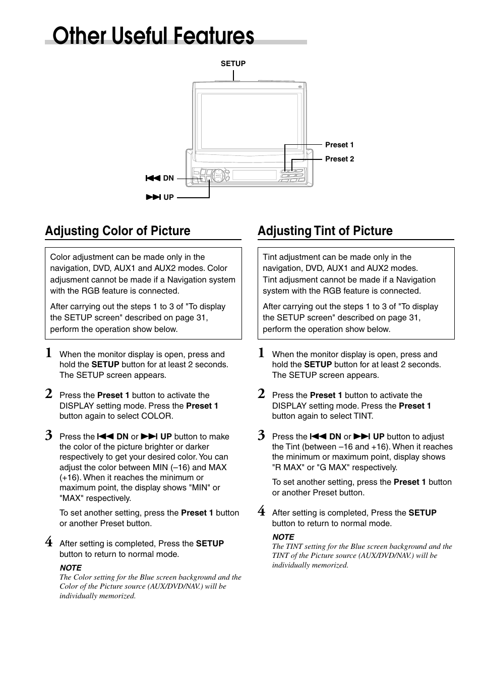 Other useful features, Adjusting color of picture, Adjusting tint of picture | Alpine CVA-1003 User Manual | Page 34 / 56