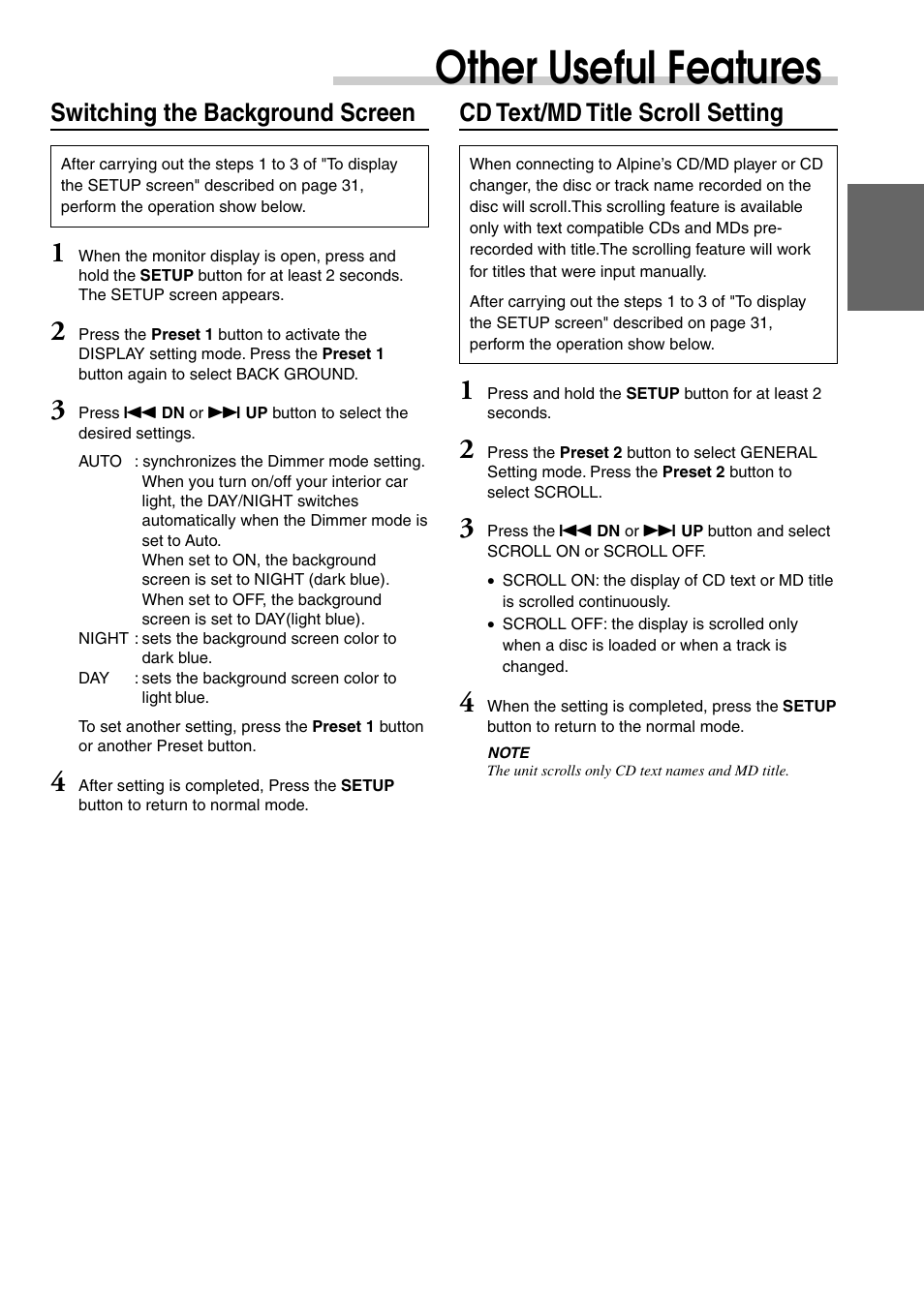 Other useful features, Switching the background screen, Cd text/md title scroll setting | Alpine CVA-1003 User Manual | Page 35 / 56