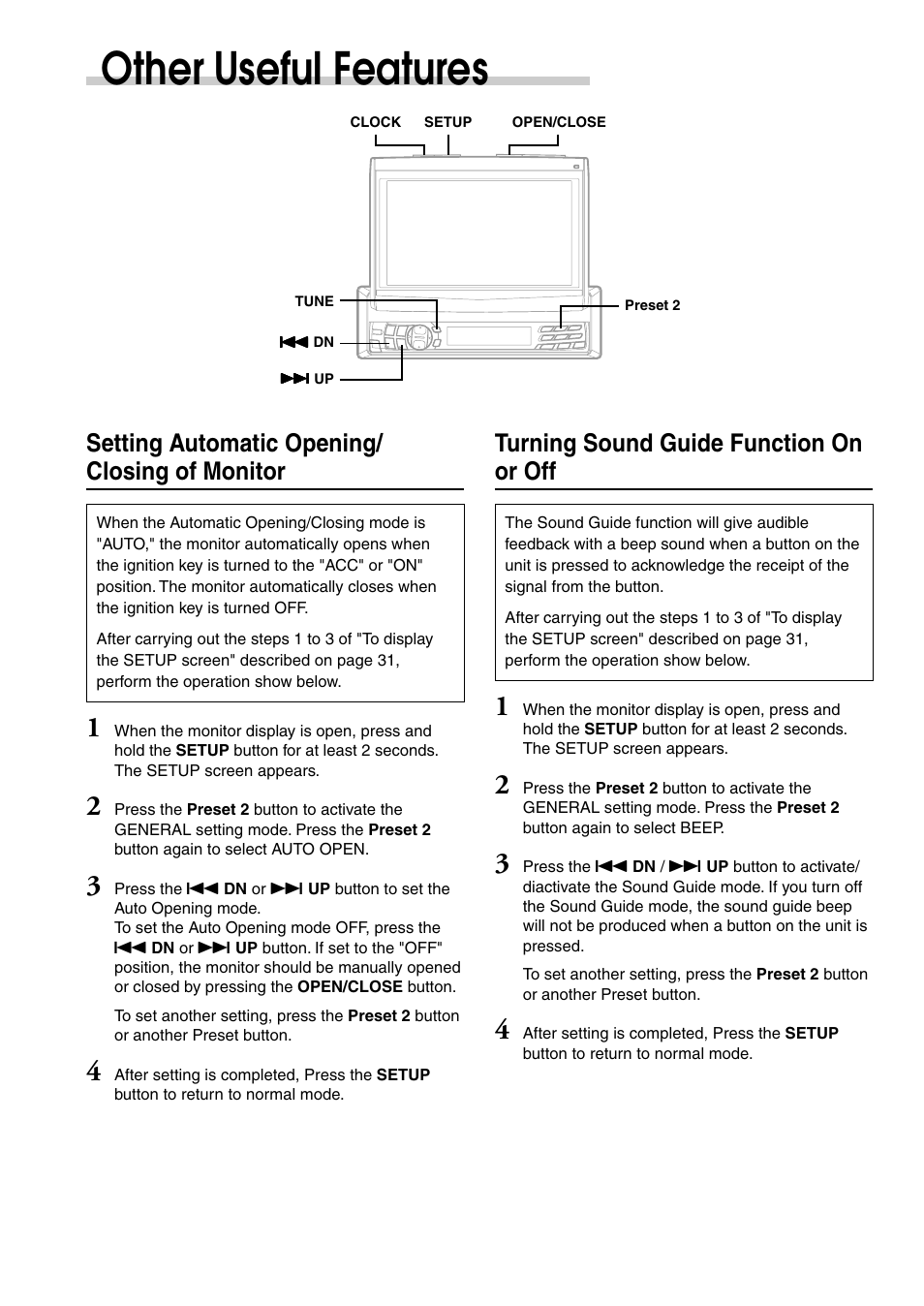 Other useful features, Setting automatic opening/ closing of monitor, Turning sound guide function on or off | Alpine CVA-1003 User Manual | Page 36 / 56