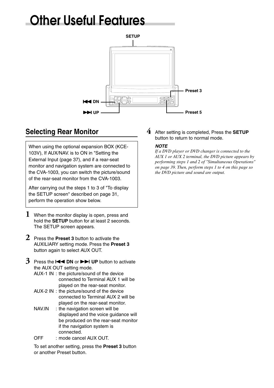 Other useful features, Selecting rear monitor | Alpine CVA-1003 User Manual | Page 38 / 56