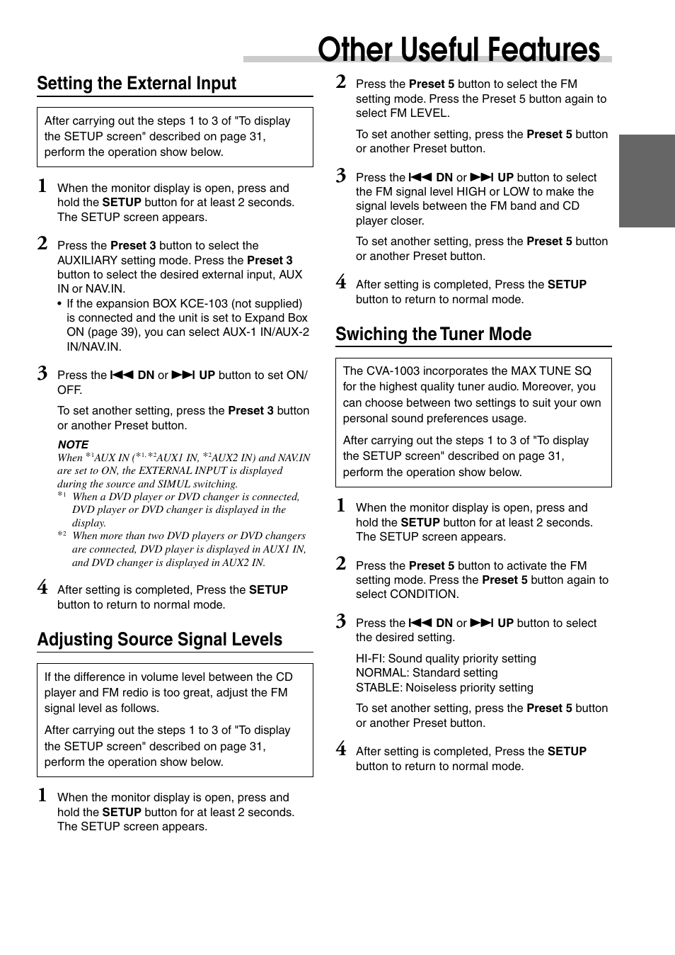Other useful features, Setting the external input, Adjusting source signal levels | Swiching the tuner mode | Alpine CVA-1003 User Manual | Page 39 / 56