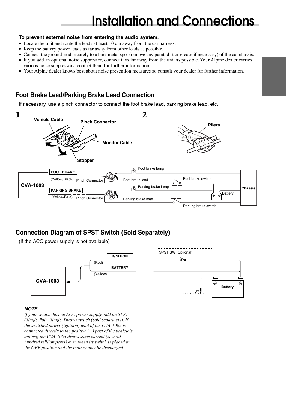 Installation and connections, Foot brake lead/parking brake lead connection | Alpine CVA-1003 User Manual | Page 49 / 56