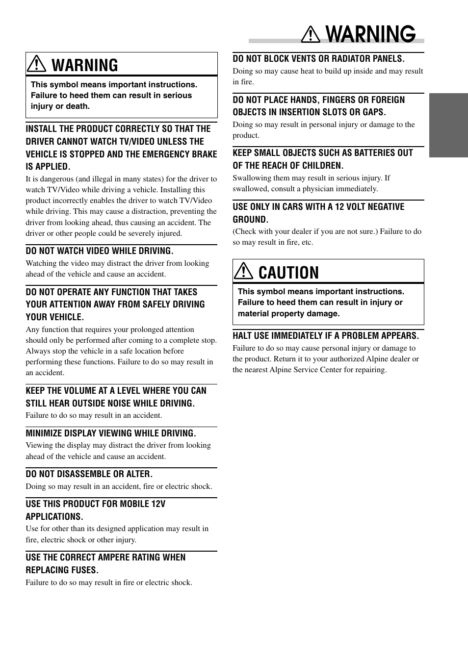 Warning, Caution | Alpine CVA-1003 User Manual | Page 5 / 56