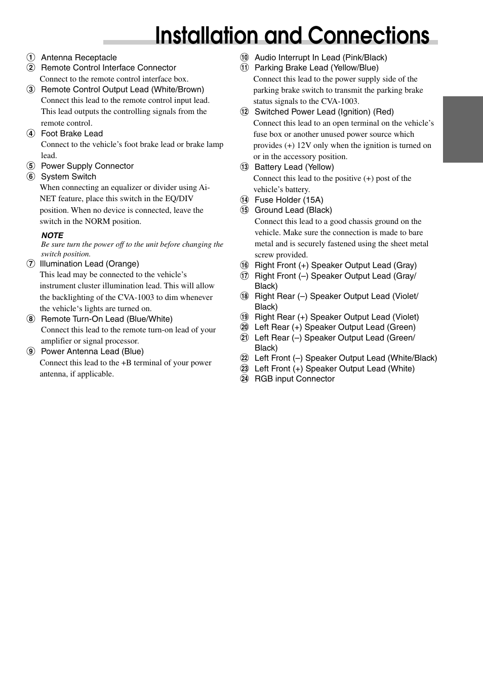 Installation and connections | Alpine CVA-1003 User Manual | Page 51 / 56