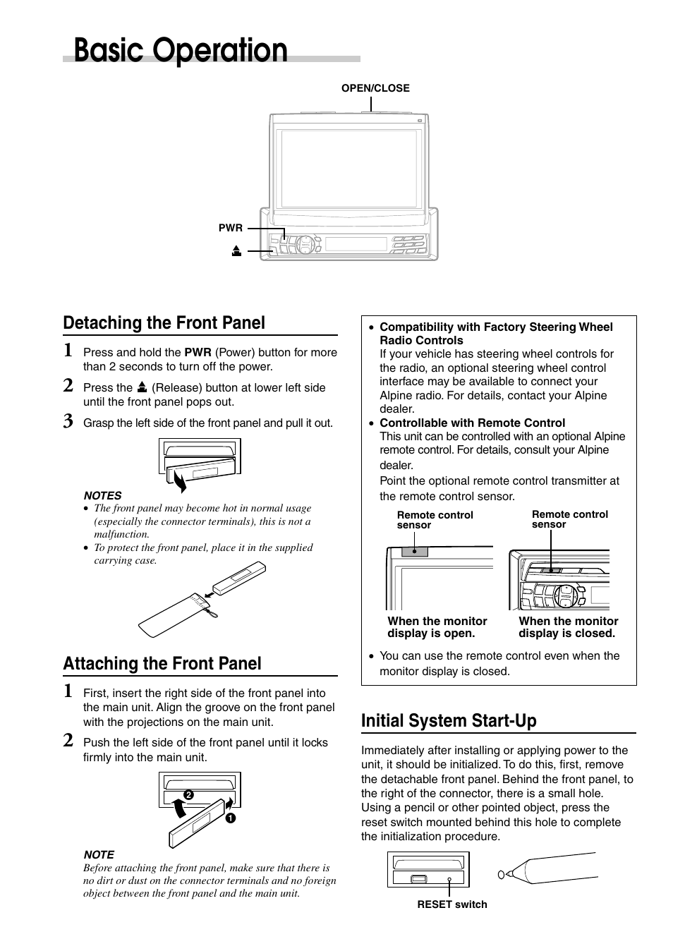 Basic operation, Detaching the front panel, Attaching the front panel | Initial system start-up | Alpine CVA-1003 User Manual | Page 8 / 56