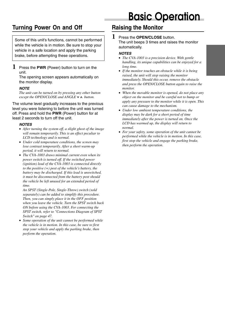 Basic operation, Turning power on and off, Raising the monitor | Alpine CVA-1003 User Manual | Page 9 / 56