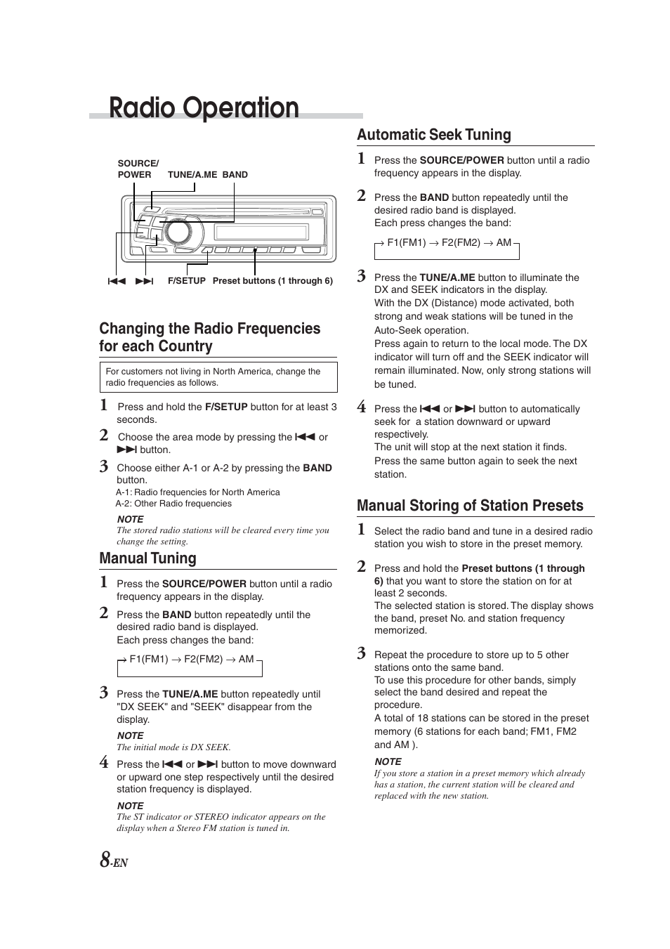 Radio operation, Changing the radio frequencies by country, Manual tuning | Automatic seek tuning, Manual storing of station presets, Changing the radio frequencies for each country | Alpine CDM-9823 User Manual | Page 10 / 22