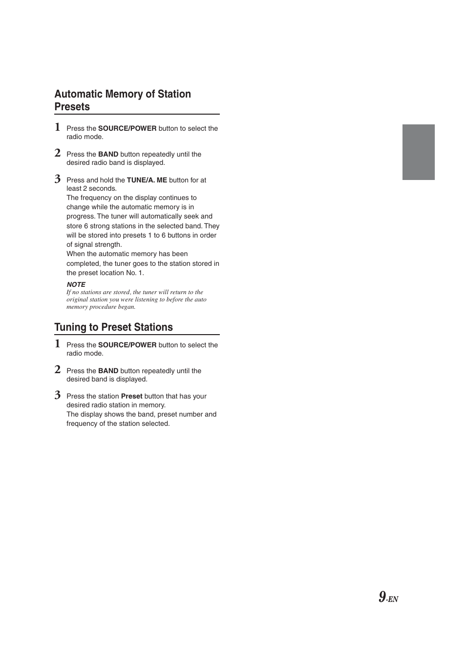 Automatic memory of station presets, Tuning to preset stations | Alpine CDM-9823 User Manual | Page 11 / 22