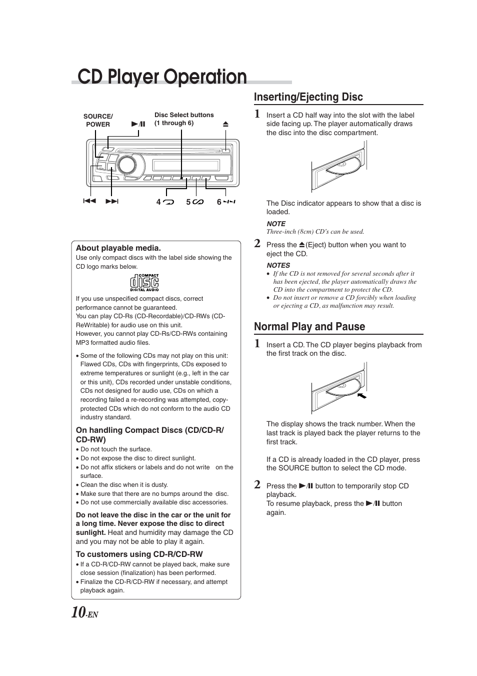 Cd operation, Disc compatibility, Inserting / ejecting discs | Normal play and pause, Cd player operation, Inserting/ejecting disc | Alpine CDM-9823 User Manual | Page 12 / 22