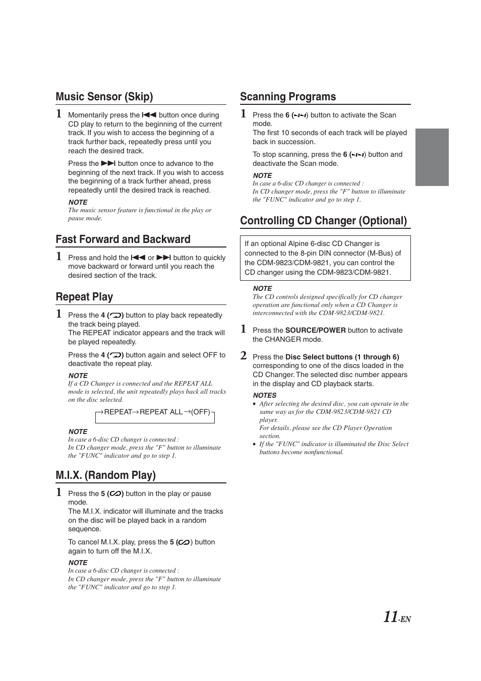 Track forward / reverse, Fast forward / reverse, Repeat play | M.i.x. (random play), Scanning programs, Controlling cd changer (optional), Music sensor (skip), Fast forward and backward | Alpine CDM-9823 User Manual | Page 13 / 22