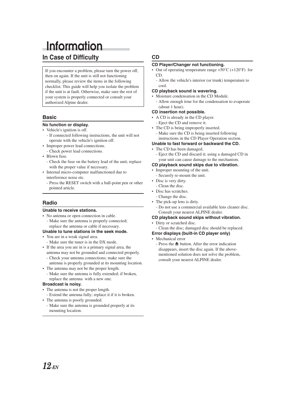 Troubleshooting, Information | Alpine CDM-9823 User Manual | Page 14 / 22