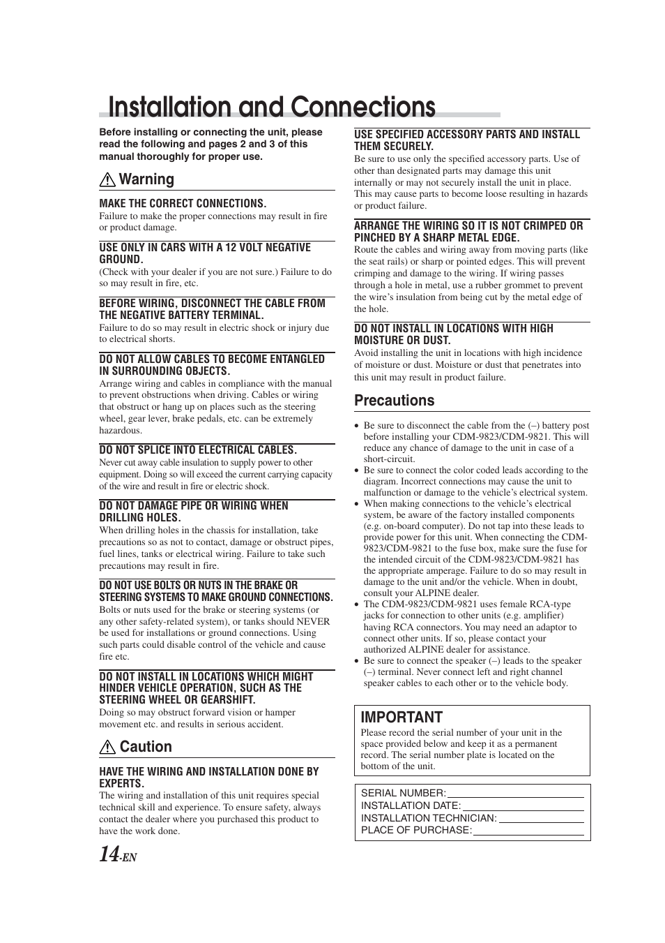 Installation and connections, Warning, Caution | Important, Precautions | Alpine CDM-9823 User Manual | Page 16 / 22