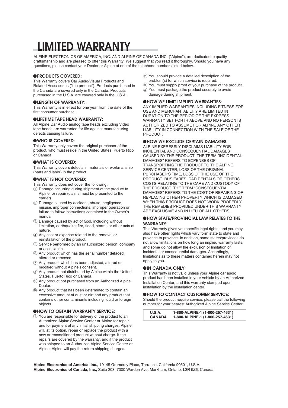Warranty, Limited warranty | Alpine CDM-9823 User Manual | Page 20 / 22