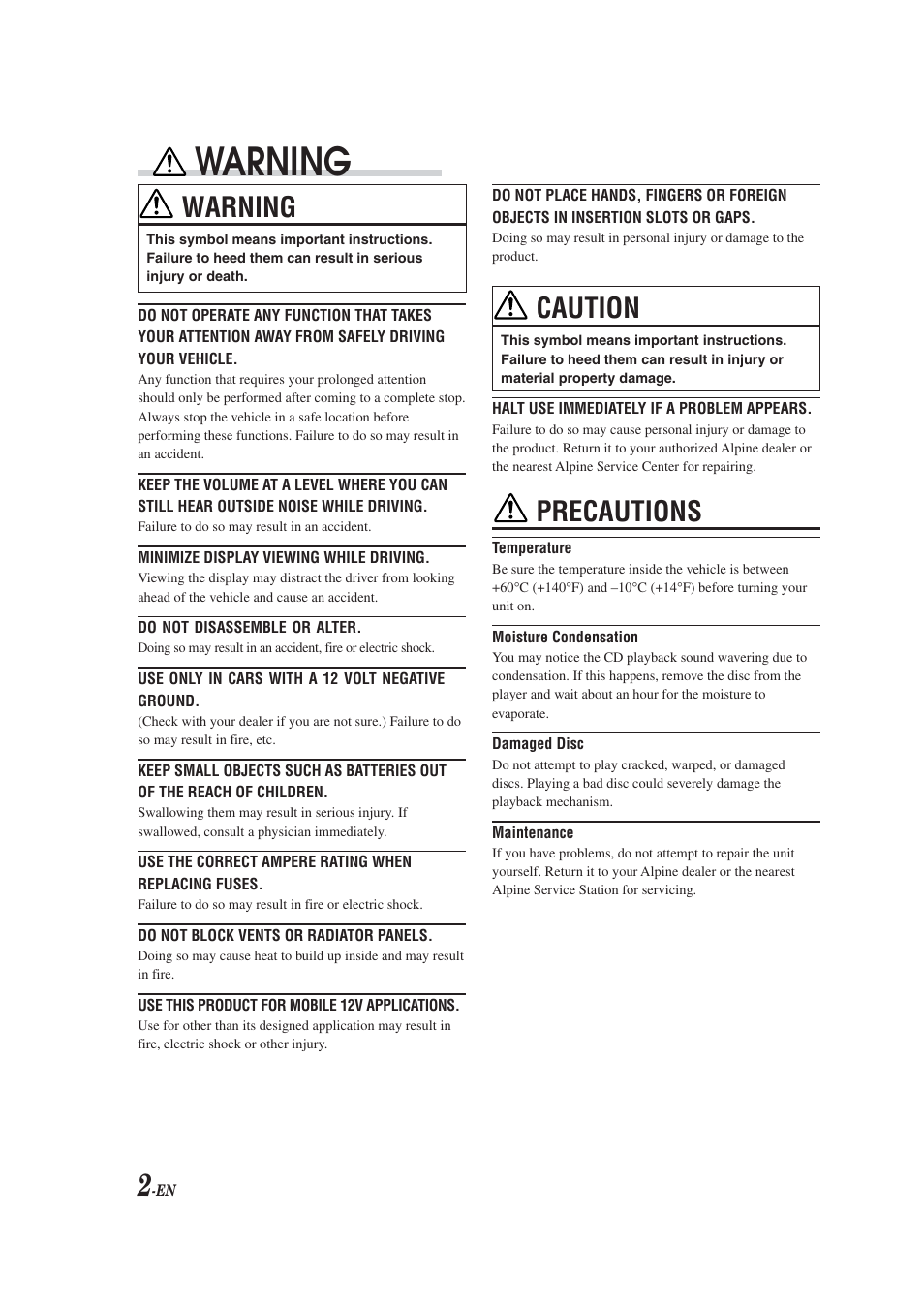 Warning, Caution, Precautions | Alpine CDM-9823 User Manual | Page 4 / 22