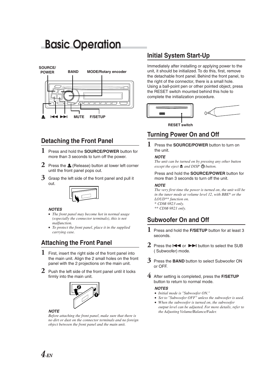 Reset (button behind faceplate), Basic operation, Attaching / removing faceplate | Initial system startup, Power on / off, Subwoofer on / off, Detaching the front panel, Attaching the front panel, Initial system start-up, Turning power on and off | Alpine CDM-9823 User Manual | Page 6 / 22