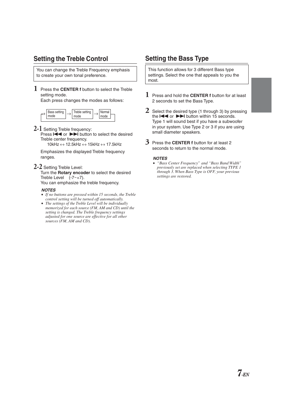 Setting the treble control, Setting the bass type | Alpine CDM-9823 User Manual | Page 9 / 22