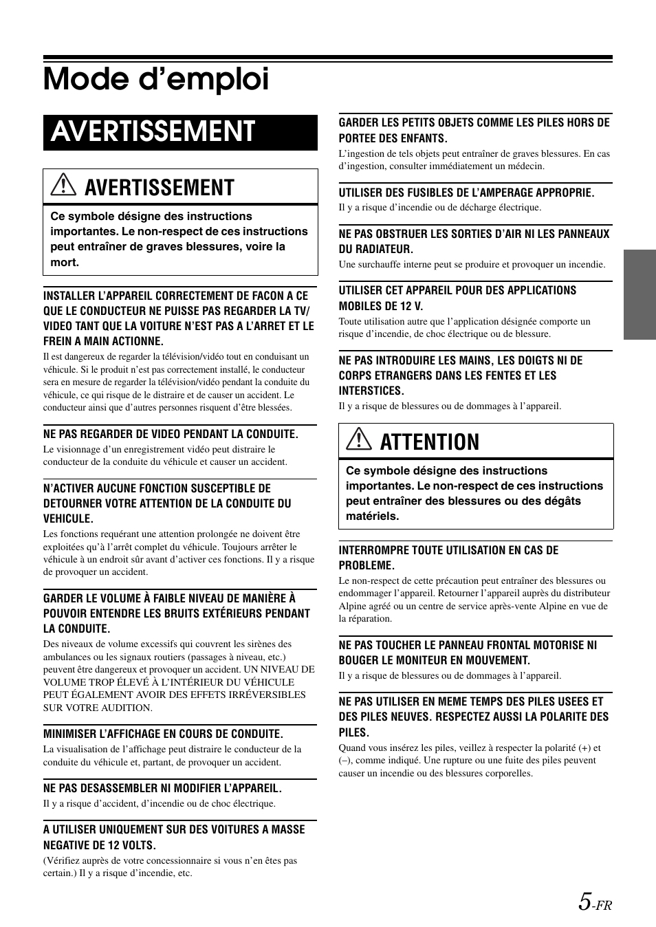 Mode d’emploi, Avertissement, Attention | Alpine IVA-W505 User Manual | Page 102 / 284