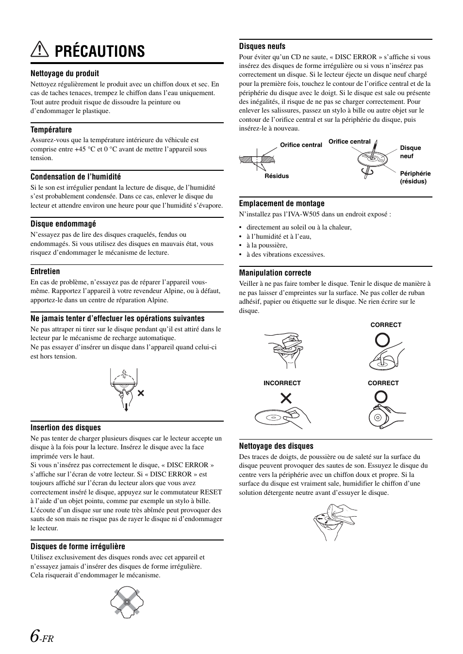 Précautions | Alpine IVA-W505 User Manual | Page 103 / 284