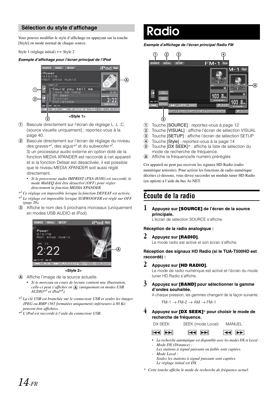 Sélection du style d’affichage, Radio, Écoute de la radio | Alpine IVA-W505 User Manual | Page 111 / 284