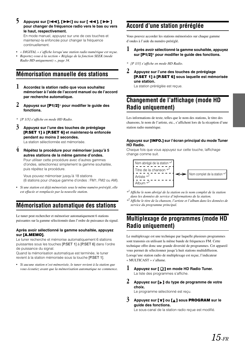 Mémorisation manuelle des stations, Mémorisation automatique des stations, Accord d’une station préréglée | Changement de l’affichage, Mode hd radio uniquement), Multiplexage de programmes | Alpine IVA-W505 User Manual | Page 112 / 284
