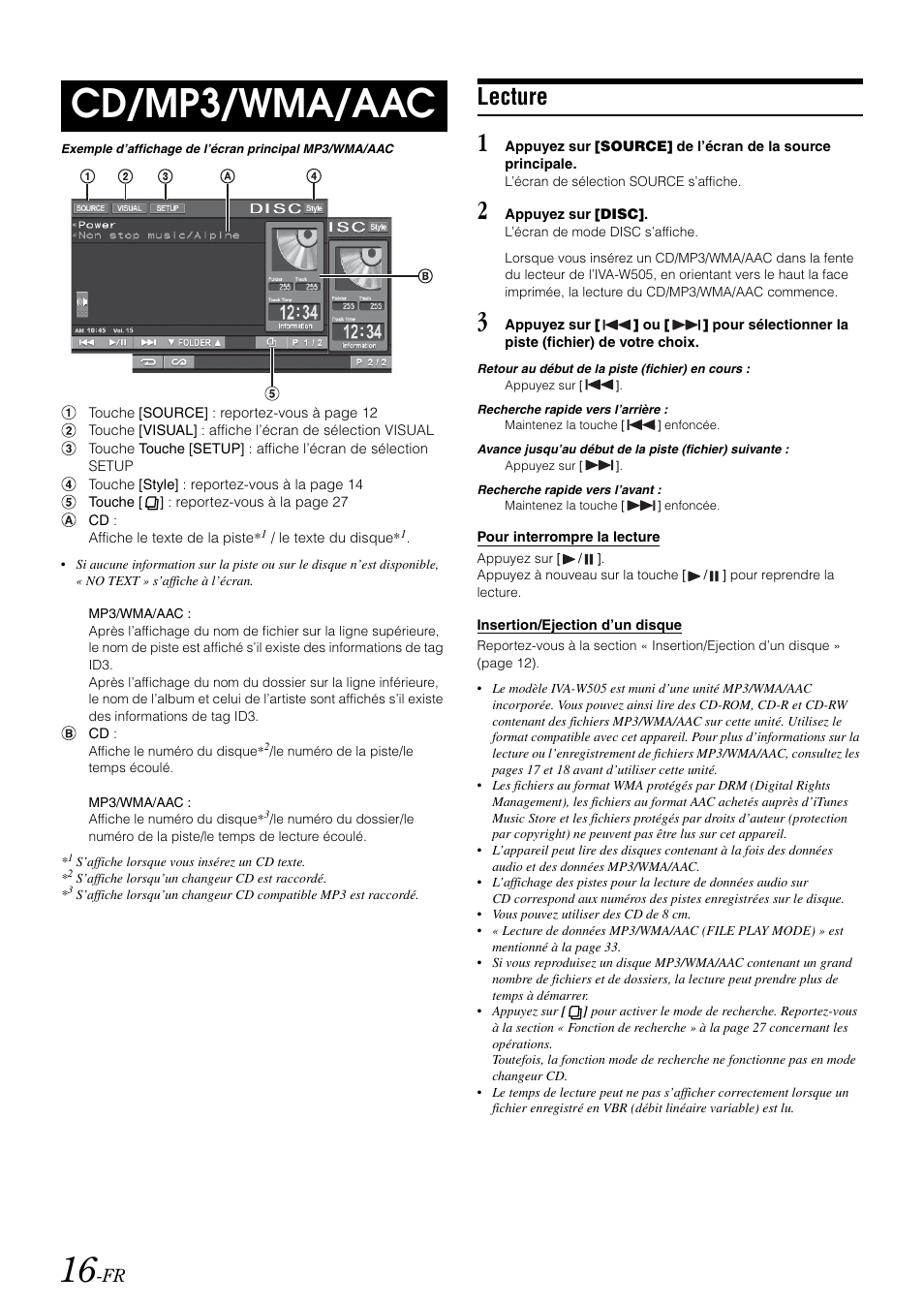 Cd/mp3/wma/aac, Lecture | Alpine IVA-W505 User Manual | Page 113 / 284