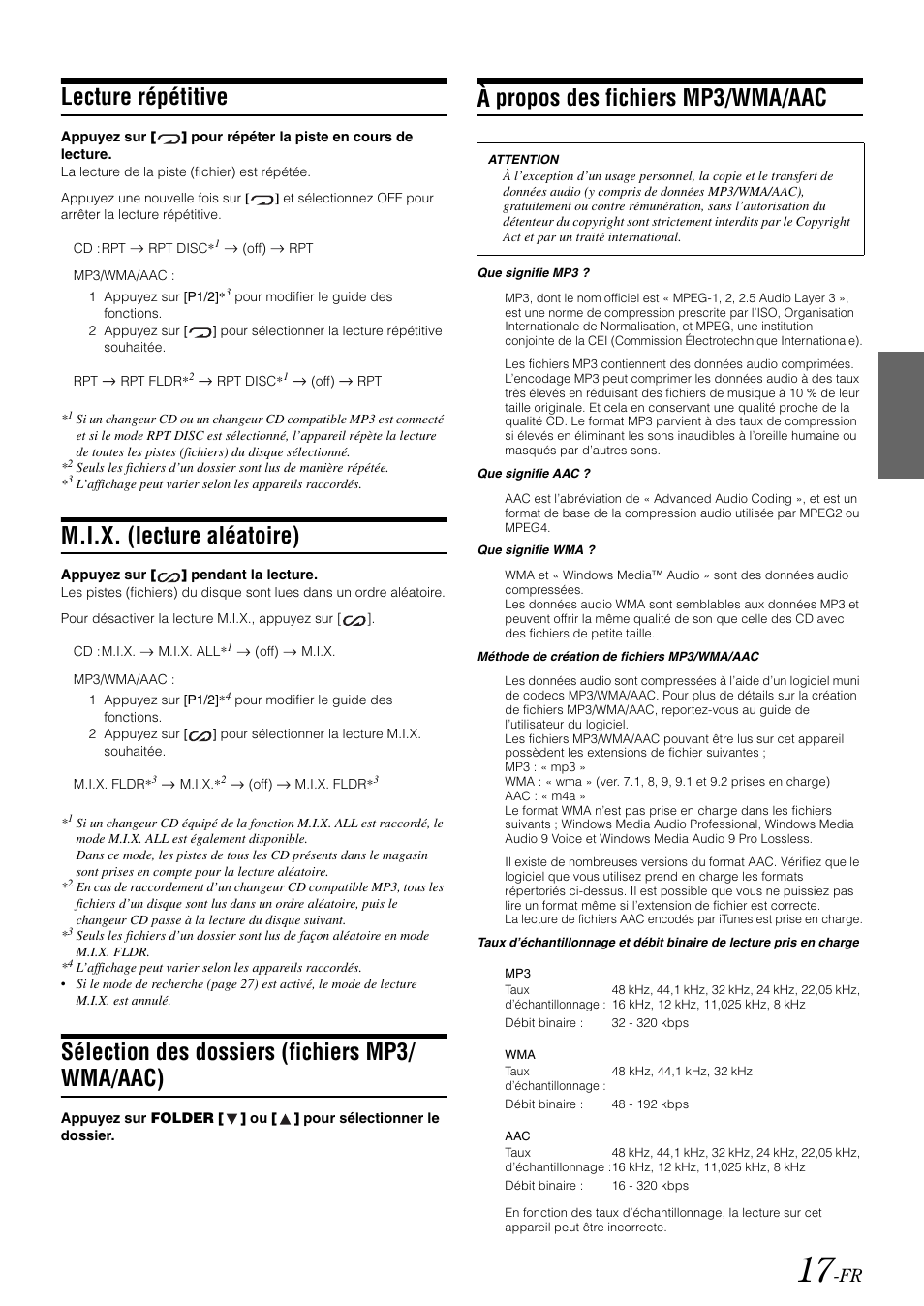 Lecture répétitive, M.i.x. (lecture aléatoire), Sélection des dossiers (fichiers mp3/ wma/aac) | À propos des fichiers mp3/wma/aac, Sélection des dossiers, Fichiers mp3/wma/aac) | Alpine IVA-W505 User Manual | Page 114 / 284