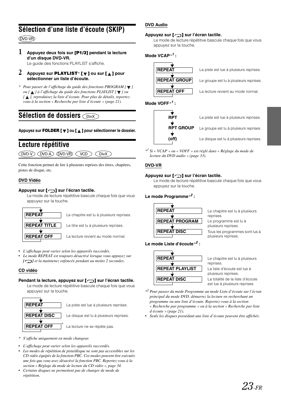 Sélection d’une liste d’écoute (skip), Sélection de dossiers, Lecture répétitive | Alpine IVA-W505 User Manual | Page 120 / 284