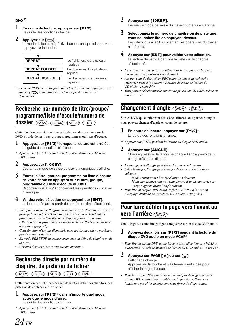 Changement d’angle, Recherche par numéro de titre/groupe, Programme/liste d’écoute/numéro de | Dossier, Recherche directe par numéro de chapitre, de, Piste ou de fichier, L’arrière | Alpine IVA-W505 User Manual | Page 121 / 284