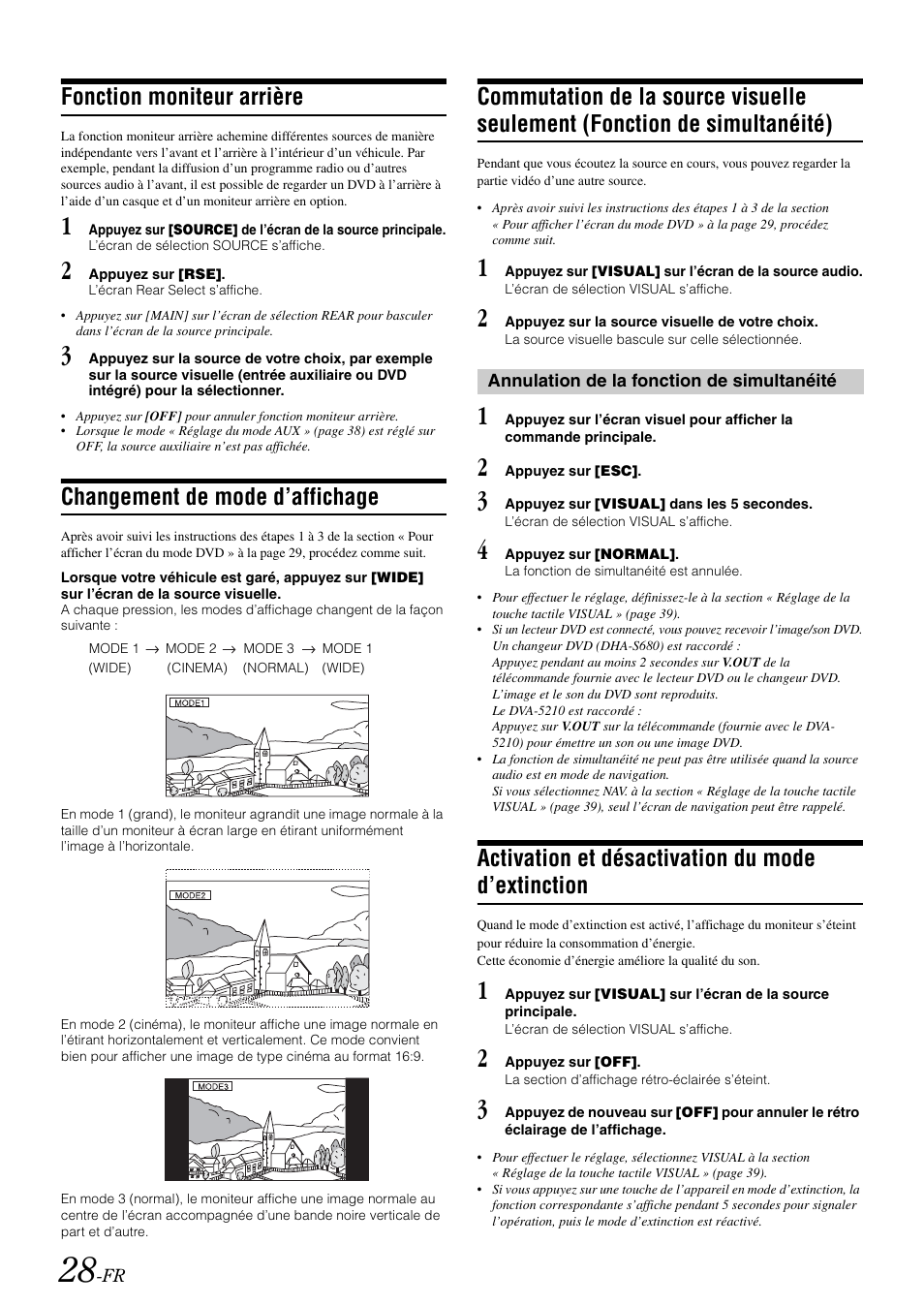 Fonction moniteur arrière, Changement de mode d’affichage, Annulation de la fonction de simultanéité | Activation et désactivation du mode d’extinction, Commutation de la source visuelle seulement, Simultanéité, Activation et désactivation du mode, D’extinction | Alpine IVA-W505 User Manual | Page 125 / 284