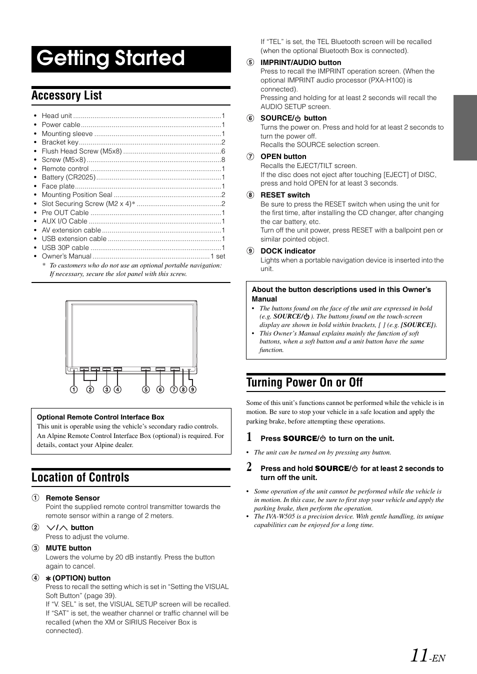 Getting started, Accessory list, Location of controls | Turning power on or off | Alpine IVA-W505 User Manual | Page 13 / 284