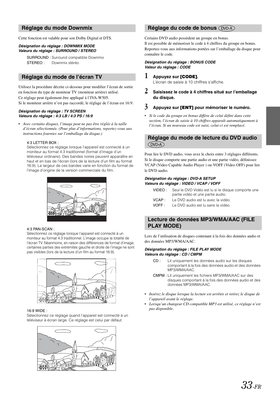 Réglage du mode downmix, Réglage du mode de l’écran tv, Réglage du code de bonus | Réglage du mode de lecture du dvd audio, Lecture de données mp3/wma/aac (file play mode), Dvd audio, Lecture de données mp3/wma/aac, File play mode) | Alpine IVA-W505 User Manual | Page 130 / 284